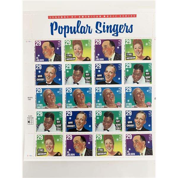 USPS Popular Singers Sheet of Twenty 29 Cent Stamps Scott 2849-2853