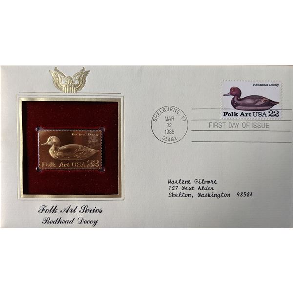 Folk Art Series Redhead Decoy Gold Stamp Replica First Day Cover