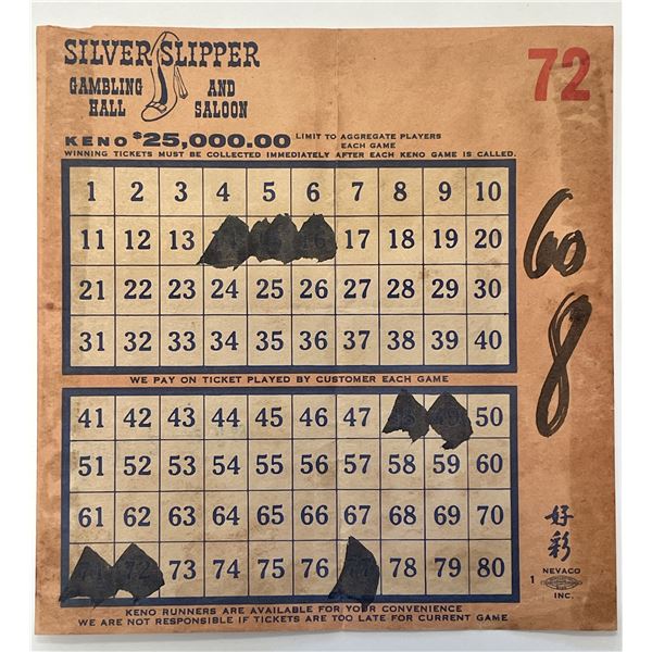 Silver Slipper Keno card