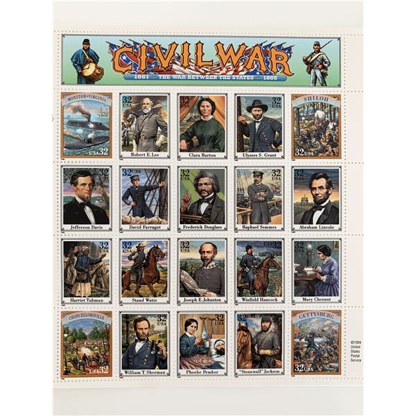 1995 32c Civil War, Abraham Lincoln, Souvenir Sheet of 20 Scott 2975