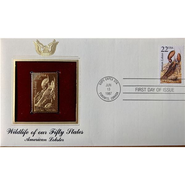 Wildlife Of Our Fifty States American Lobster Gold Stamp Replica First Day Cover
