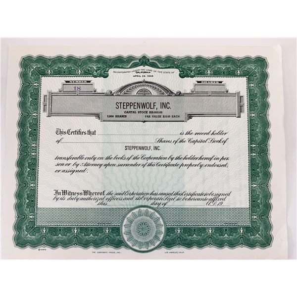 Steppenwolf, Inc. Capital Stock Certificate