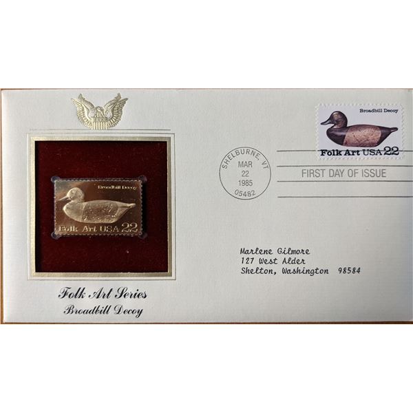 Folk Art Series Broadbill Decoy Gold Stamp Replica First Day Cover