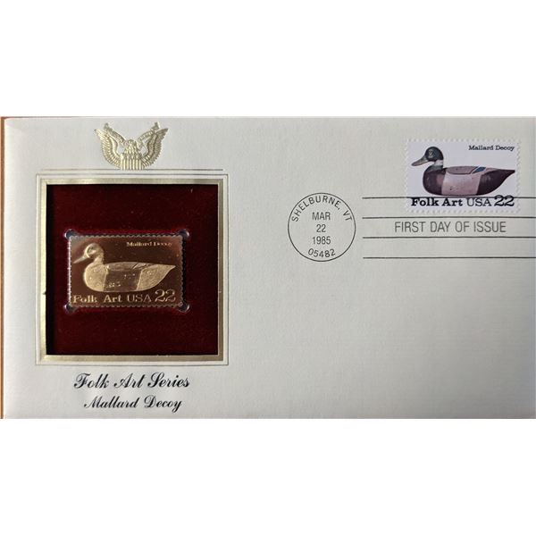 Folk Art Series Mallard Decoy Gold Stamp Replica First Day Cover