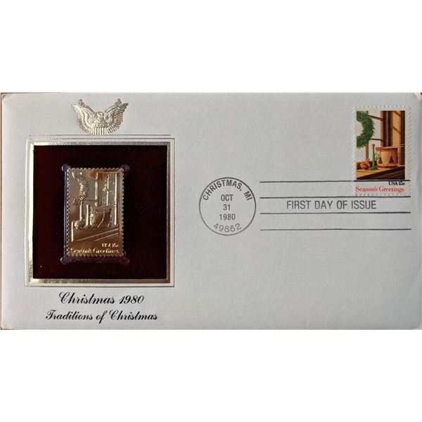 Christmas 1980 Traditions of Christmas Gold Stamp Replica First Day Cover