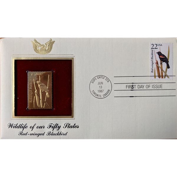 Wildlife Of Our Fifty States Red Winged Blackbird Gold Stamp Replica First Day Cover