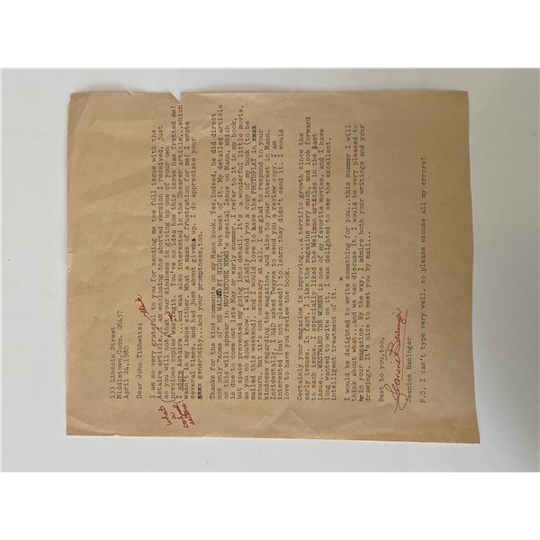 Professor Jeanine Basinger signed typed letter