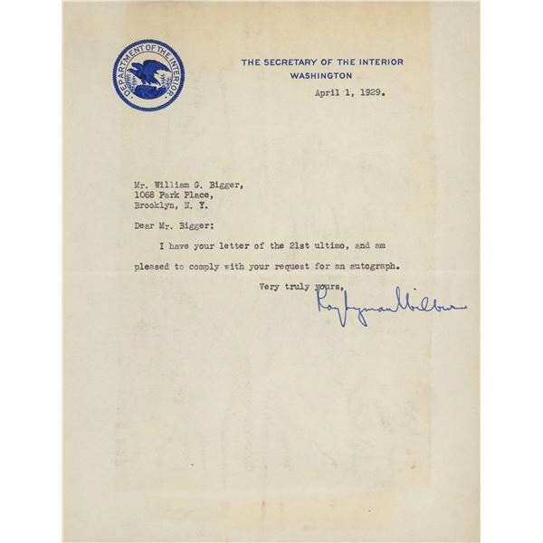 Ray Lyman Wilbur signed letter