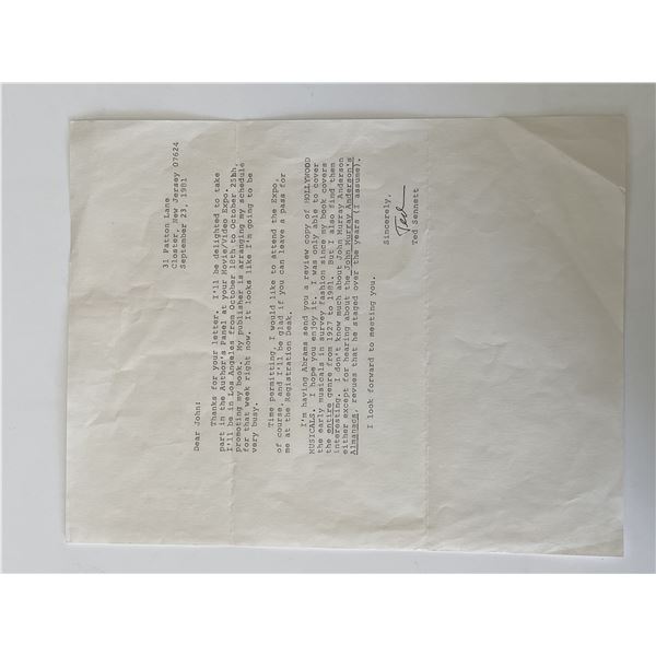Author Ted Sennett signed typed letter