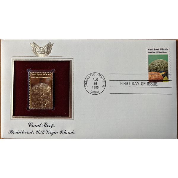 Coral Reefs Brain Coral, US Virgin Islands Gold Stamp Replica First Day Cover