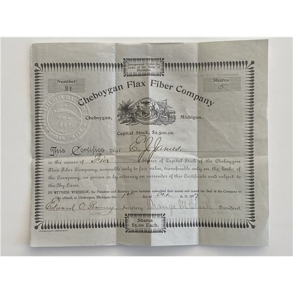 Cheboygan Flax Fiber Company signed certificate