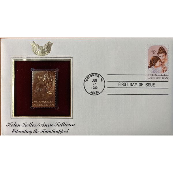 Helen Keller, Anne Sullivan Educating The Handicapped Gold Stamp Replica First Day Cover