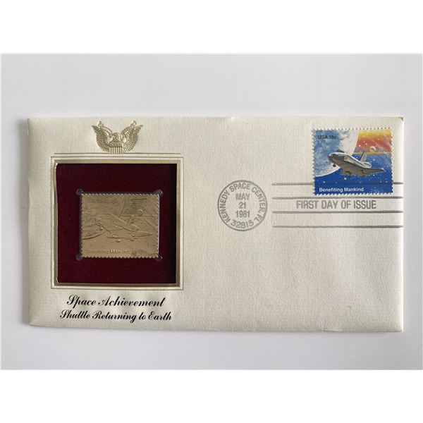 Space Achievement Shuttle Returning to Earth Gold Stamp Replica First Day Cover