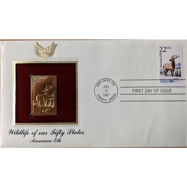 Wildlife of Our Fifty States American Elk Gold Stamp Replica First Day Cover