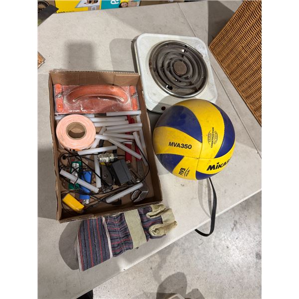 Glue sticks, hot plate, ball, and other