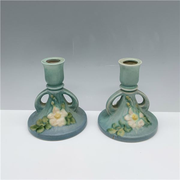 Pair of Roseville White Rose Candle Stands