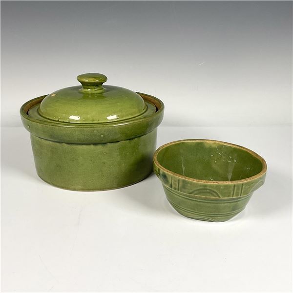 2pc Vintage Green Yellowware Covered Casserole & Mixing Bowl