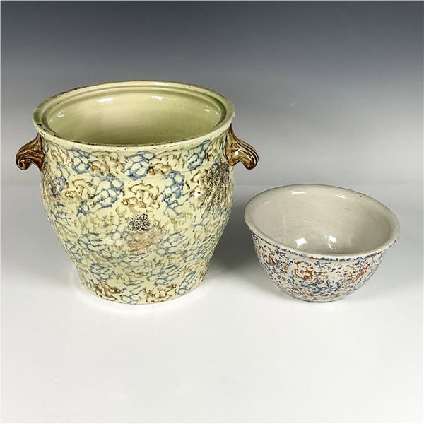 2pc Vintage Salt Glazed Stoneware, Jardiniere + Mixing Bowl