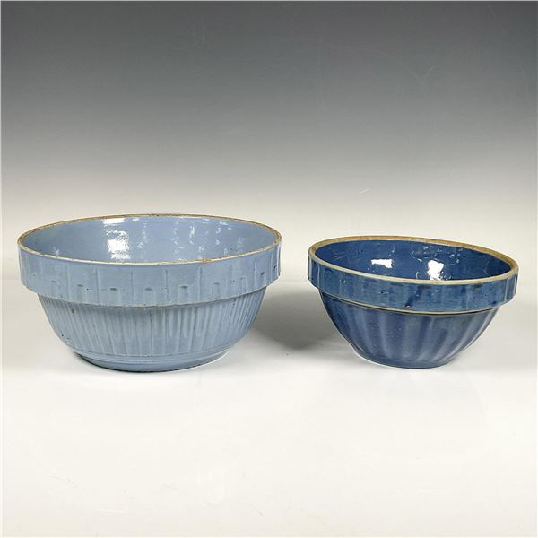 2pc Vintage Salt Glazed Stoneware Mixing Bowls, Blue