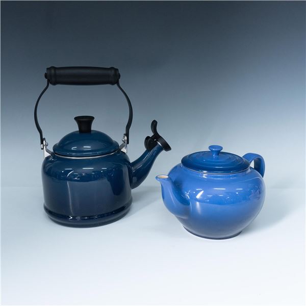 2pc Blue Le Creuset Tea Kettle and Teapot