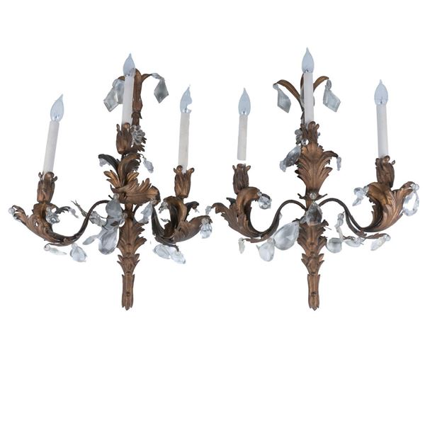 Pair of Antique Gilt Alloy & Crystal Three-Arms Sconces