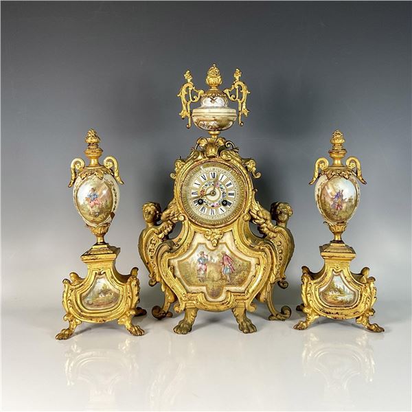 3pc Rococo Style Porcelain Ormolu Mantel Set