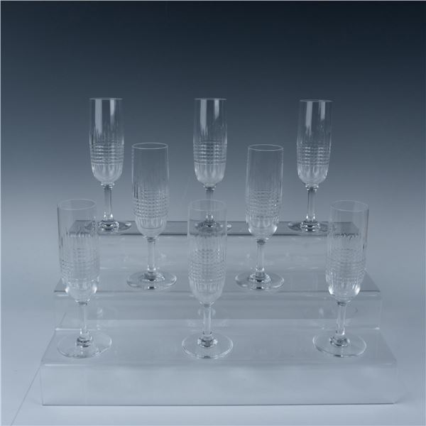 8pc Baccarat Crystal Champagne Flutes, Nancy Cut