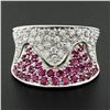 Image 2 : Italian 14k White Gold Pink Sapphire & Diamond Wavy Design Wide Cigar Band Ring