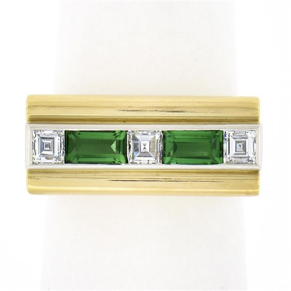 Unisex Vintage 18k Gold 1.10 ctw Baguette Tourmaline & Square Diamond Band Ring