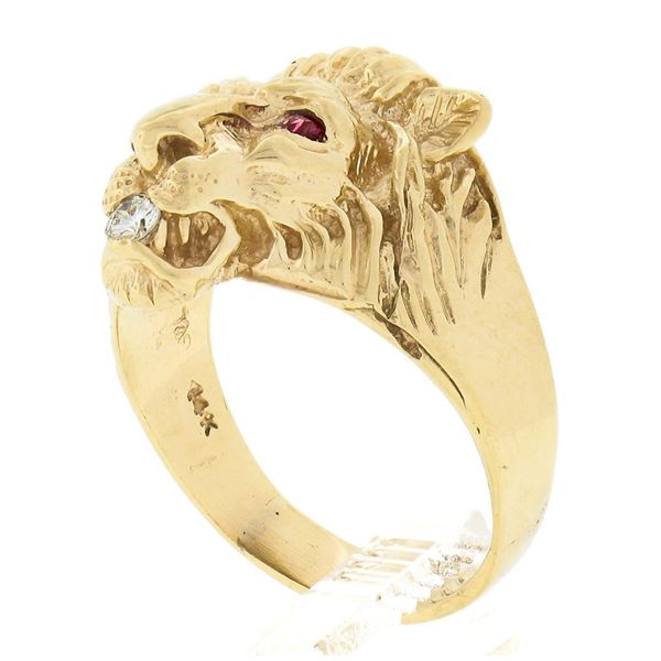 Vintage 14k Yellow Gold Diamond & Ruby Eyes Detailed Textured 3D Lion Head Ring