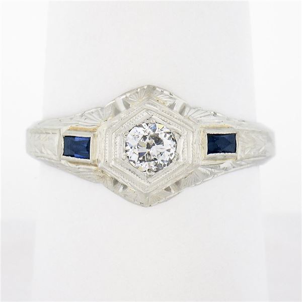 Unisex Antique Art Deco 18K Gold European Diamond Sapphire Hand Engraved Ring