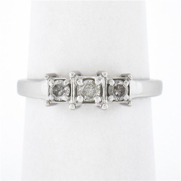 14k White Gold 0.22 ctw Round Prong Diamond Squared Setting 3 Stone Promise Ring