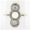 Image 1 : Antique Edwardian 14K Gold & Platinum European Diamond & 5.9mm Pearl Dinner Ring