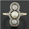Image 2 : Antique Edwardian 14K Gold & Platinum European Diamond & 5.9mm Pearl Dinner Ring