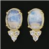 Image 2 : 14K Yellow Gold Oval Cabochon Blue Moonstone Diamond Cluster Drop Stud Earrings