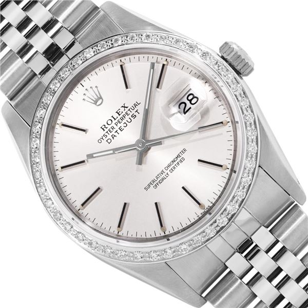 Rolex Mens Stainless Steel 36MM Silver Index Dial Diamond Datejust