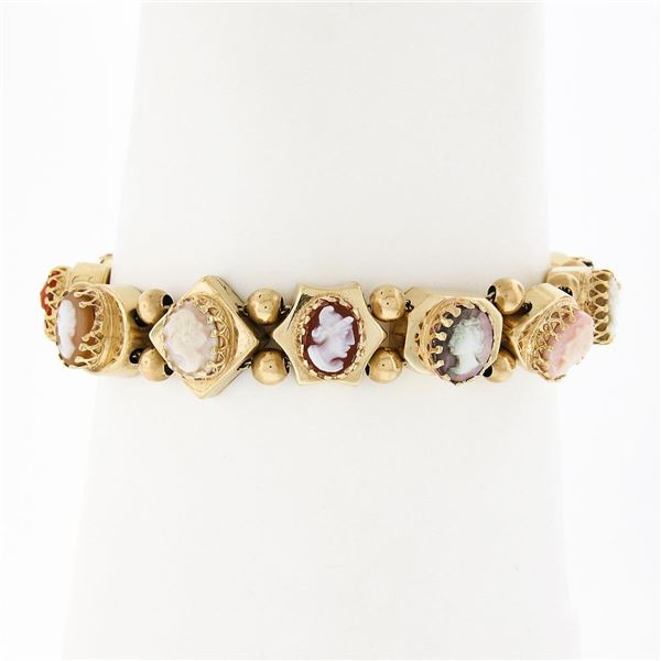 Vintage 14K Gold 6.25" Hardstone Cameo Polished Multi Shape Slide Charm Bracelet