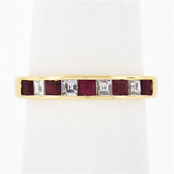 18K Gold 0.88 ctw Alternating Square Step Cut Ruby & Diamond Channel Set Band Ri