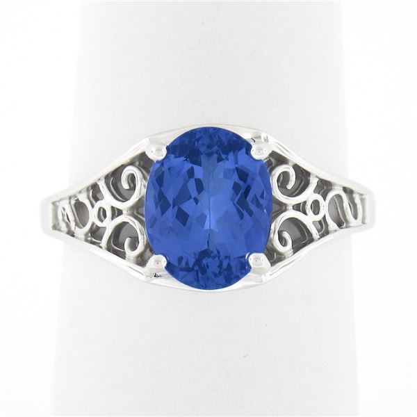 NEW 14k White Gold 1.91 ctw Violet Blue Oval Tanzanite w/ Open Work Sides Ring