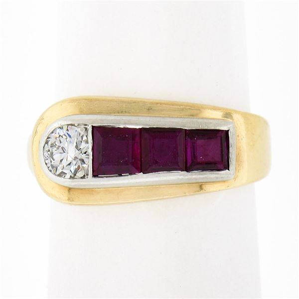 Maurice Tishman Retro 14K Gold & Platinum Diamond & Ruby Buckle Style Band Ring