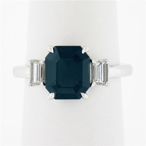 Platinum GIA Octagonal Greenish Blue NO HEAT Sapphire & Diamond 3 Stone Ring