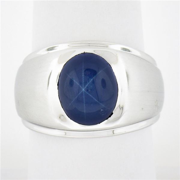 Men's 14K White Gold Oval Cabochon Bezel Set Lindy Star Sapphire Brushed Ring