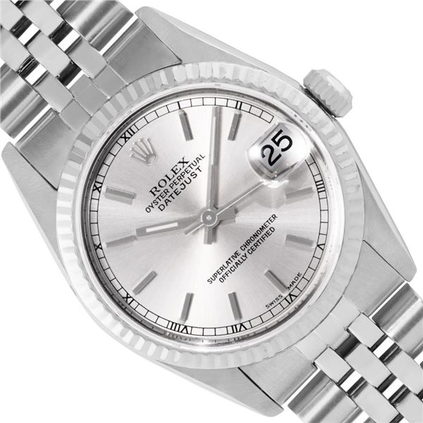 Rolex Ladies Stainless Steel Midsize 31MM Silver Index 18K Gold Fluted Bezel Dat