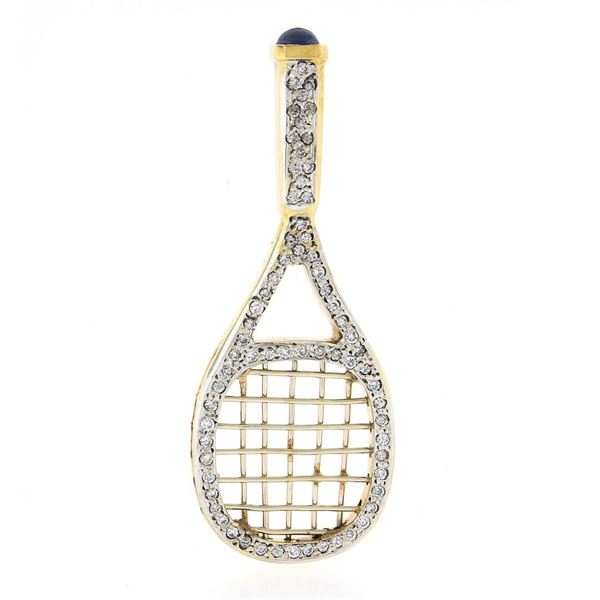 Vintage 14k Yellow Gold 1.50 ctw Pave Diamond Sapphire Large Tennis Racket Penda