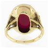 Image 6 : Antique Arts & Crafts 14K Gold Cabochon Red Stone w/ Floral Sides Solitaire Ring
