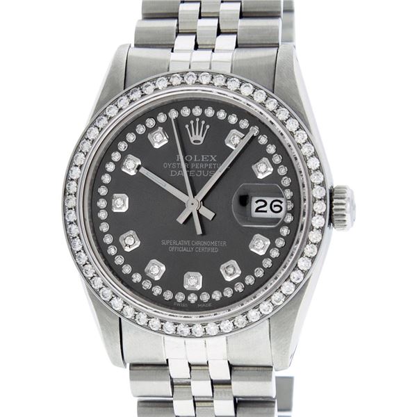 Rolex Mens Stainless Steel Black String Diamond 36MM Datejust Wristwatch