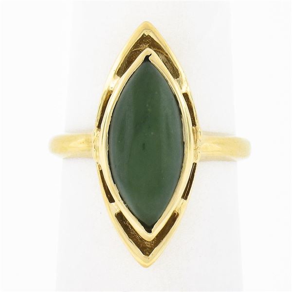 14K Yellow Gold Bezel Marquise Cabochon Jade Open Frame Simple Solitaire Ring
