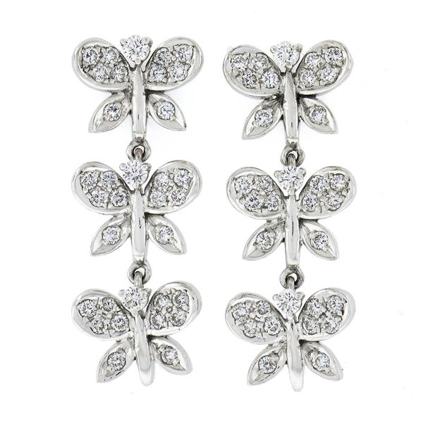 Fancy 18k White Gold 0.80 ctw Round Diamond 3 Tier Butterfly Drop Dangle Earring