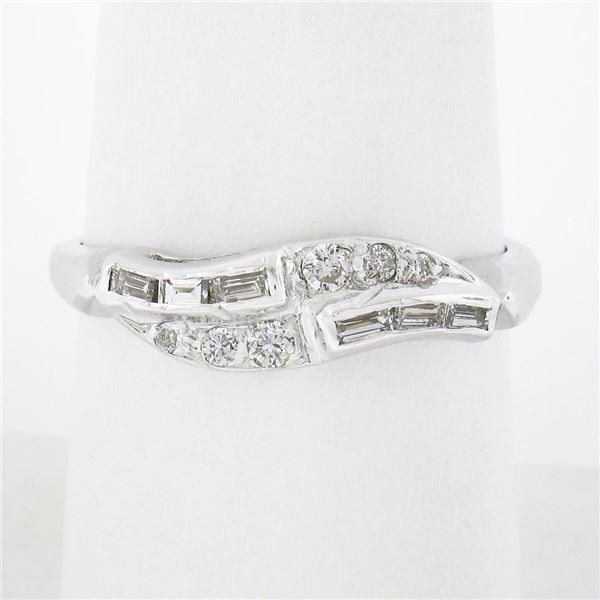 14k White Gold 0.28 ctw Baguette & Round Brilliant Diamond Wavy Stack Band Ring