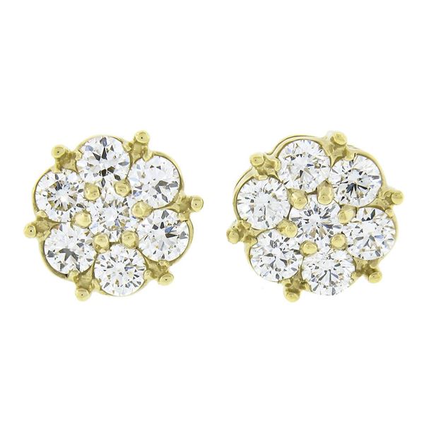 New 14k Yellow Gold 1.22 ctw Fiery Brilliant Diamond Cluster Flower Stud Earring